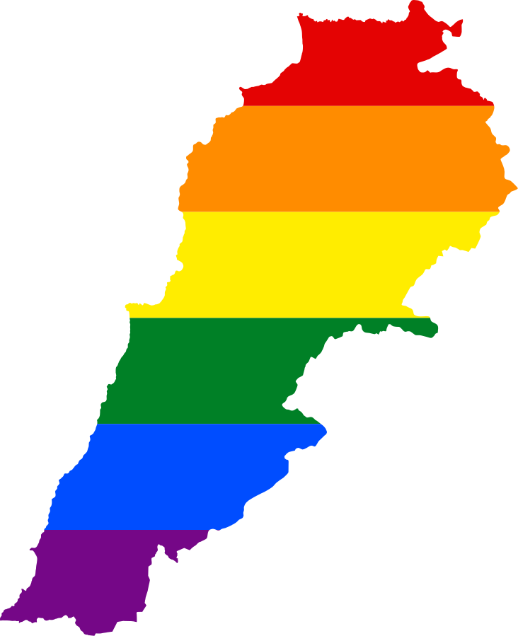 A map of Lebanon with the colours of the LGBT flag